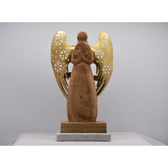 Tea Light Wooden Angel with Gold Metal Wings on Marble base - Picture 1 of 4